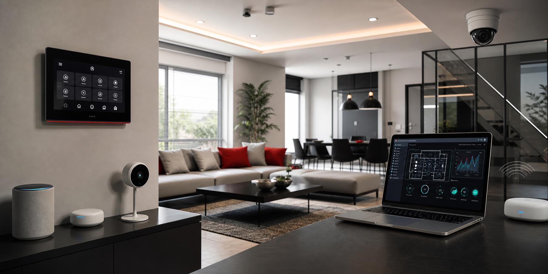 Ambiente moderno com automação residencial, segurança e rede inteligente